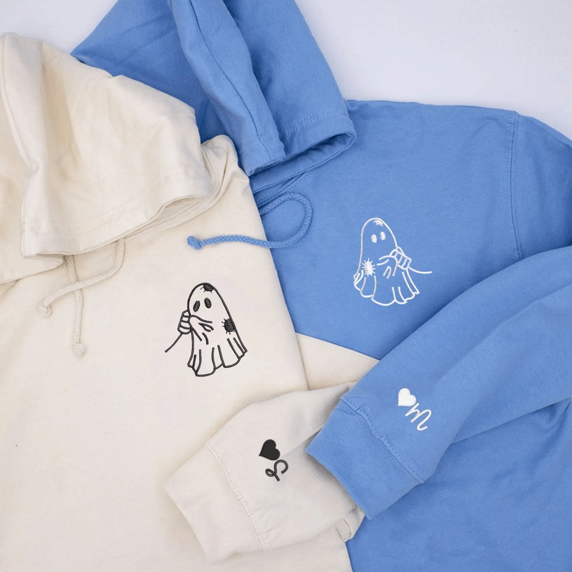 Adorable Custom Embroidered Ghost Couple Hoodies - Playful Halloween Matching Set