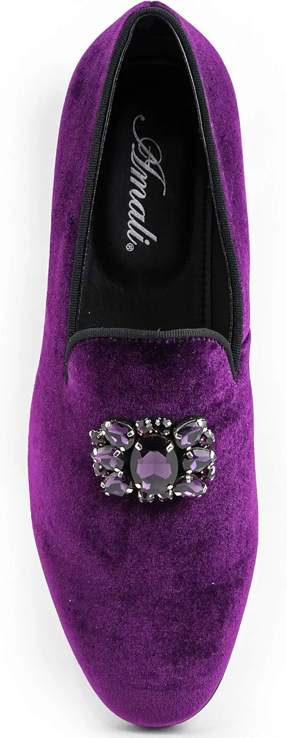 Amali Tiago- The Original Men's Faux Velvet Slip On Loafer with Jeweled Bit and Matching Piping - Mens Smoking Slip On Shoes - Formal Tuxedo Dress Shoe Loafers for Men