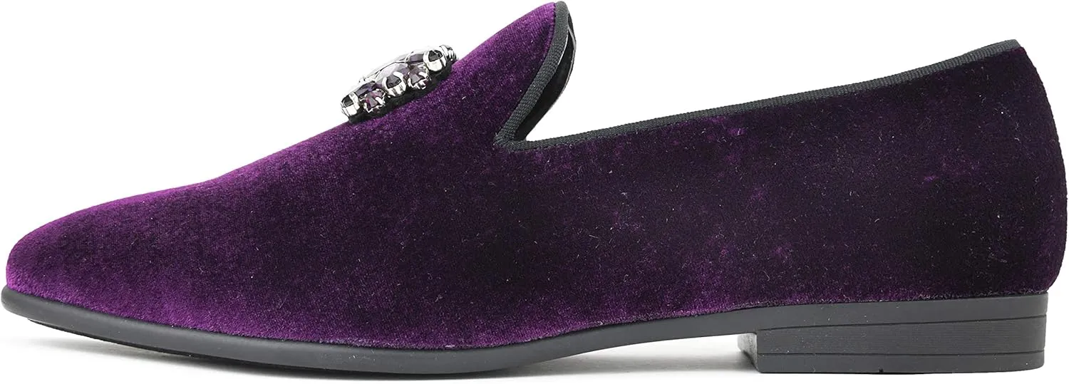 Amali Tiago- The Original Men's Faux Velvet Slip On Loafer with Jeweled Bit and Matching Piping - Mens Smoking Slip On Shoes - Formal Tuxedo Dress Shoe Loafers for Men
