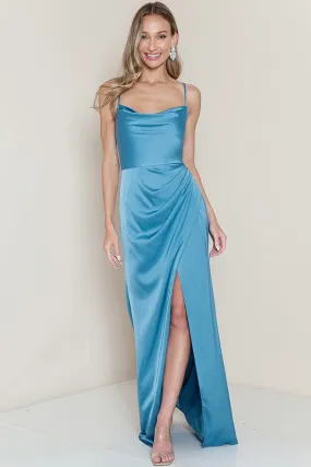 Blue Cowl Neck Satin Shirring Slit Side Maxi Dress