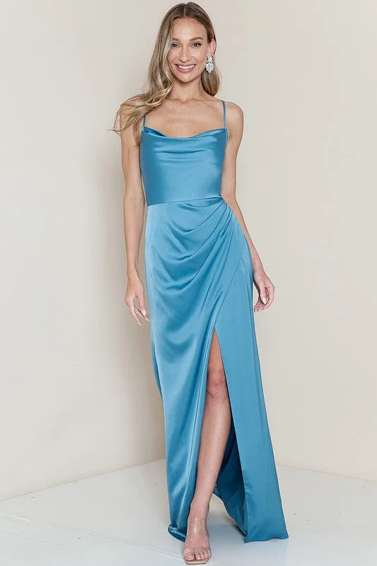 Blue Cowl Neck Satin Shirring Slit Side Maxi Dress
