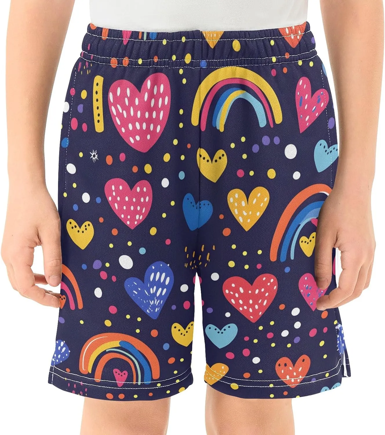 Colorful Cute Rainbows Hearts Youth Boys Shorts with Pockets Elastic Waist Athletic Gym Shorts Streetwear 7-15Y