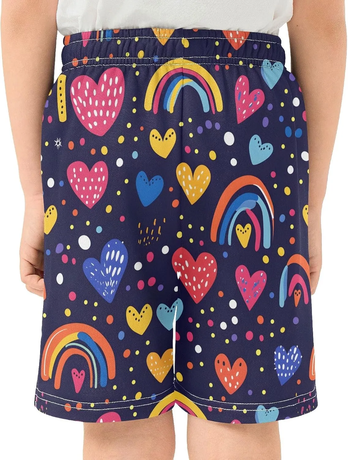 Colorful Cute Rainbows Hearts Youth Boys Shorts with Pockets Elastic Waist Athletic Gym Shorts Streetwear 7-15Y