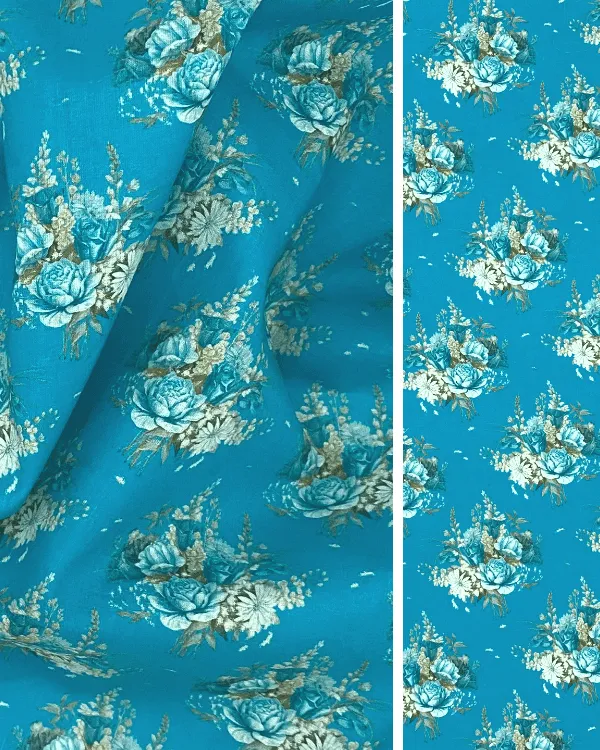 Deep Bright Turquoise Blue Floral Rose Fabric | 100% Cotton Lawn Print 44W