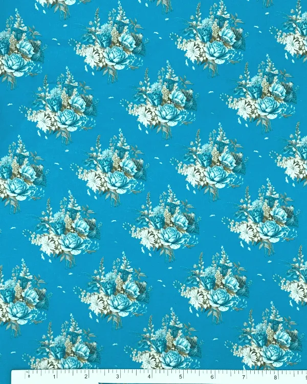 Deep Bright Turquoise Blue Floral Rose Fabric | 100% Cotton Lawn Print 44W