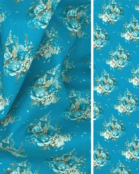 Deep Bright Turquoise Blue Floral Rose Fabric | 100% Cotton Lawn Print 44W