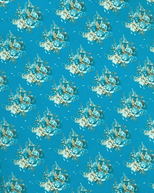 Deep Bright Turquoise Blue Floral Rose Fabric | 100% Cotton Lawn Print 44W