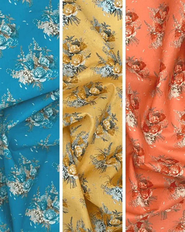 Deep Bright Turquoise Blue Floral Rose Fabric | 100% Cotton Lawn Print 44W