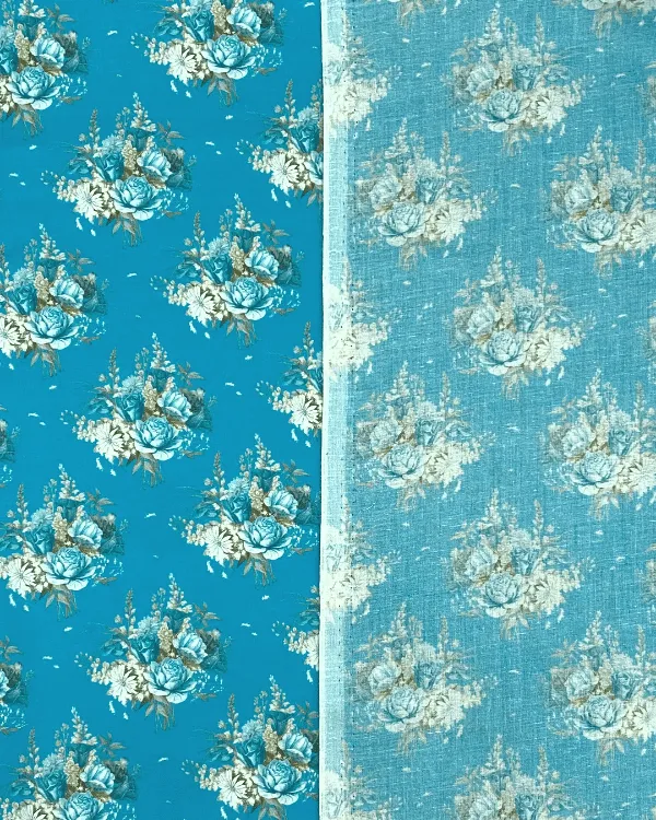 Deep Bright Turquoise Blue Floral Rose Fabric | 100% Cotton Lawn Print 44W