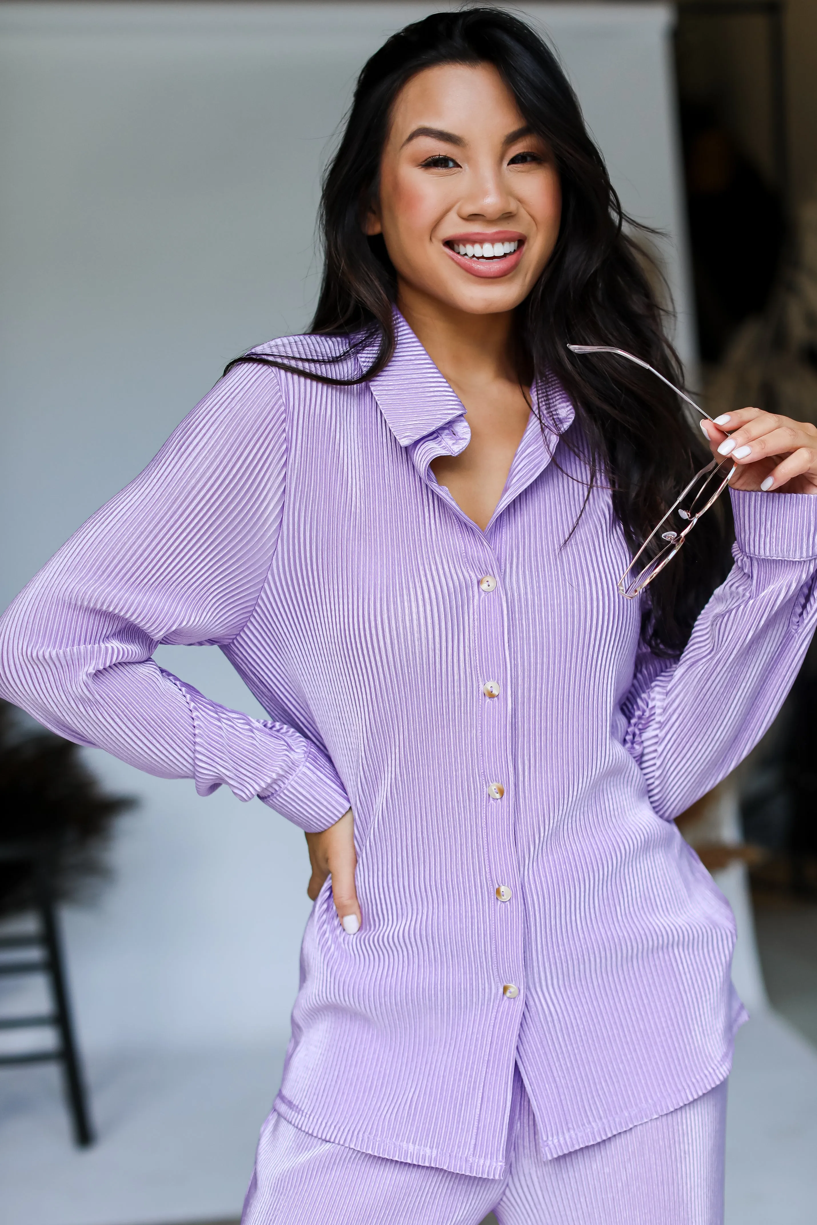 FINAL SALE - Confident Aura Satin Plisse Button-Up Blouse