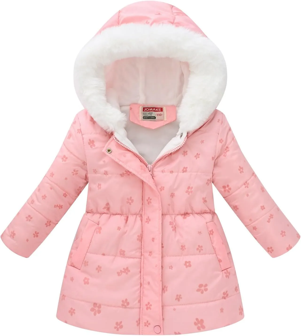 Girls Winter Hooded Coat Water-proof Fashion Print Fleece Warm Fr Collar Zip Mid Length Padded Coat Fall Jacket 4t