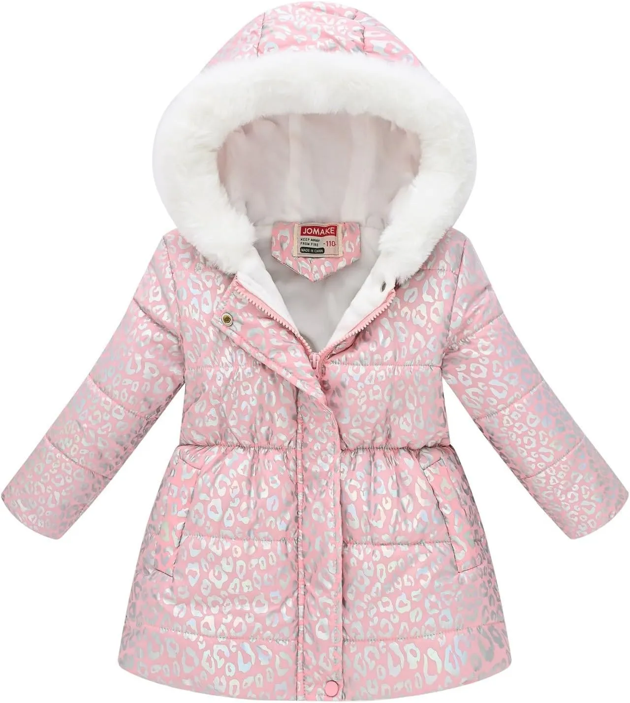 Girls Winter Hooded Coat Water-proof Fashion Print Fleece Warm Fr Collar Zip Mid Length Padded Coat Fall Jacket 4t