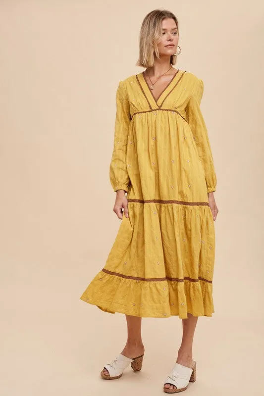 Golden Rod All Over Embroidery Tiered Midi Dress