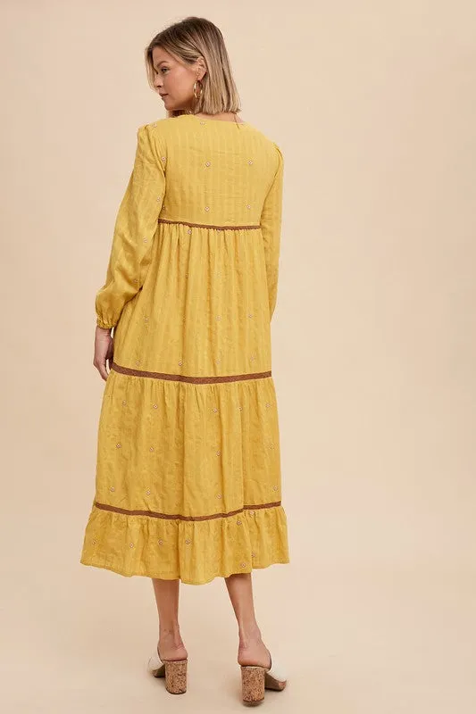 Golden Rod All Over Embroidery Tiered Midi Dress