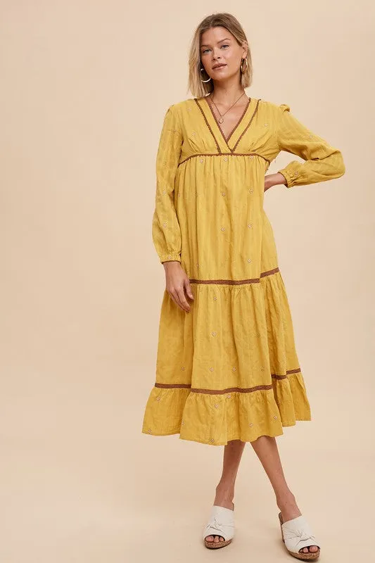 Golden Rod All Over Embroidery Tiered Midi Dress