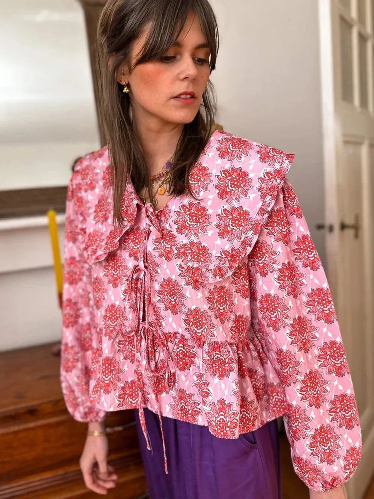 Lantern Sleeve Tie-Up Doll Collar Blouse for Festival Style