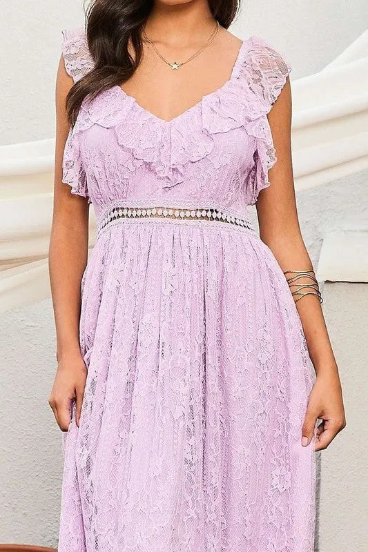 Lavender Elastic Shoulder Ruffle Back Zipper Lace Dress