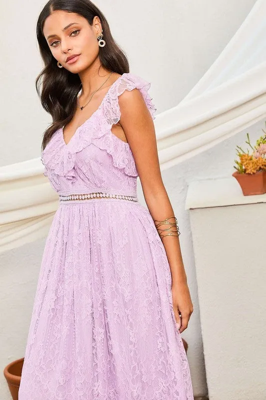 Lavender Elastic Shoulder Ruffle Back Zipper Lace Dress