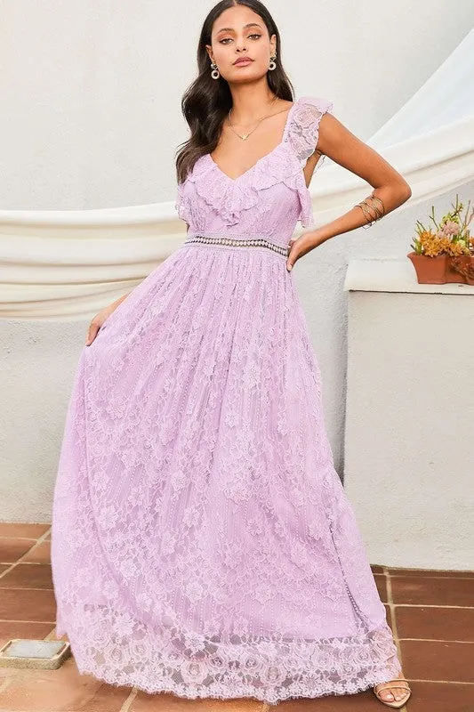 Lavender Elastic Shoulder Ruffle Back Zipper Lace Dress