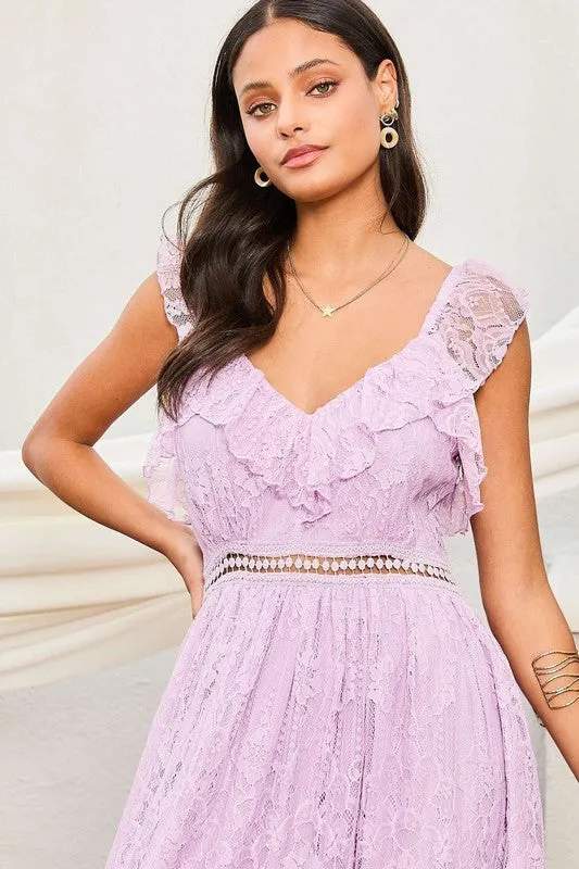 Lavender Elastic Shoulder Ruffle Back Zipper Lace Dress
