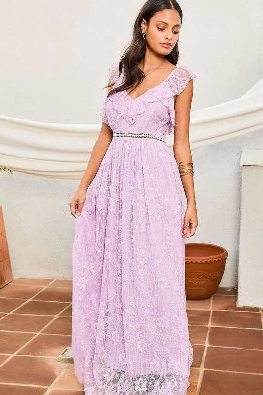 Lavender Elastic Shoulder Ruffle Back Zipper Lace Dress
