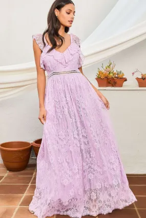 Lavender Elastic Shoulder Ruffle Back Zipper Lace Dress