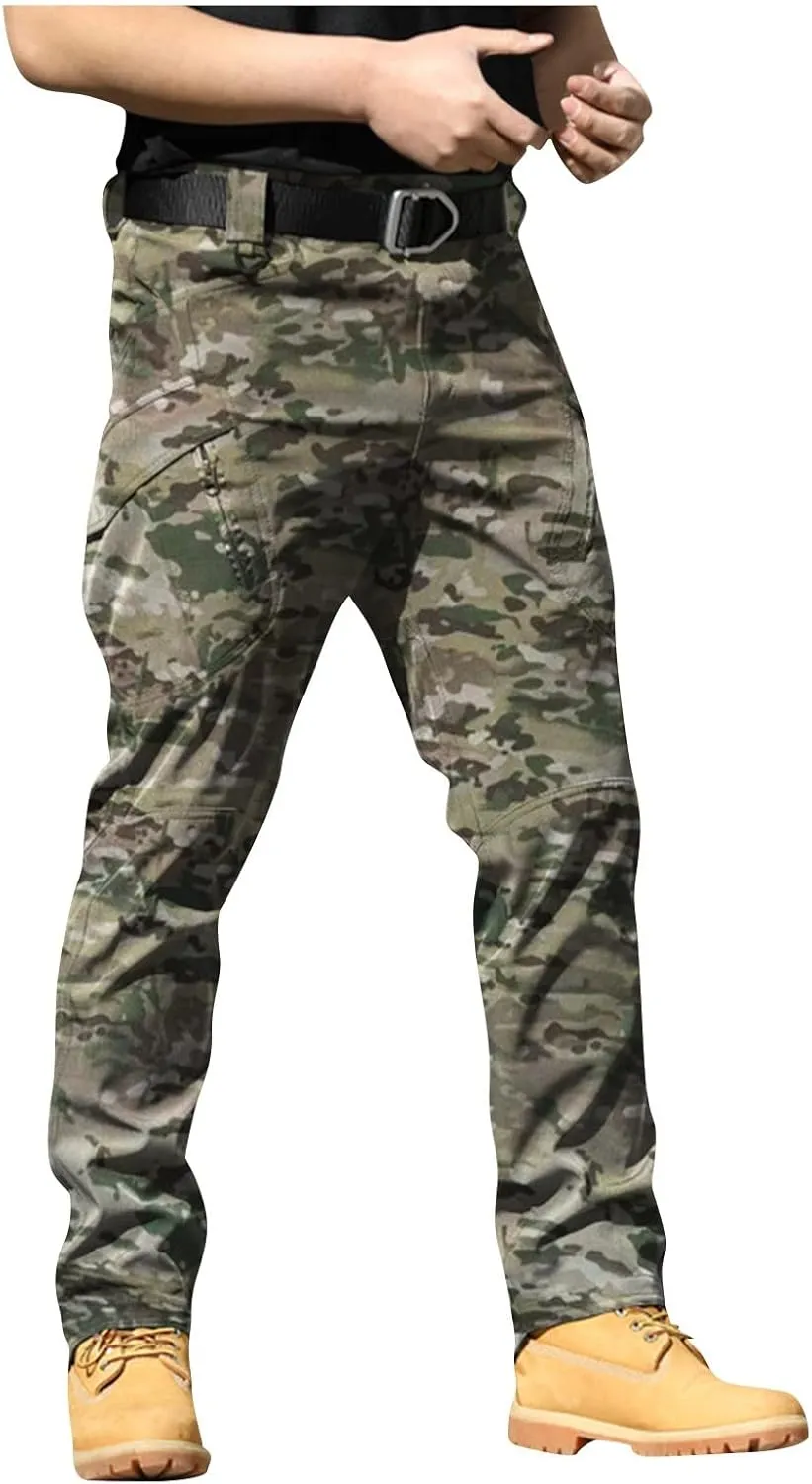 Men's Outdoor Cargo Pants Utility Elastic Waist Pockets Quick Dry Straight Leg Tactical Pants Stretch Jogging Sweatpants