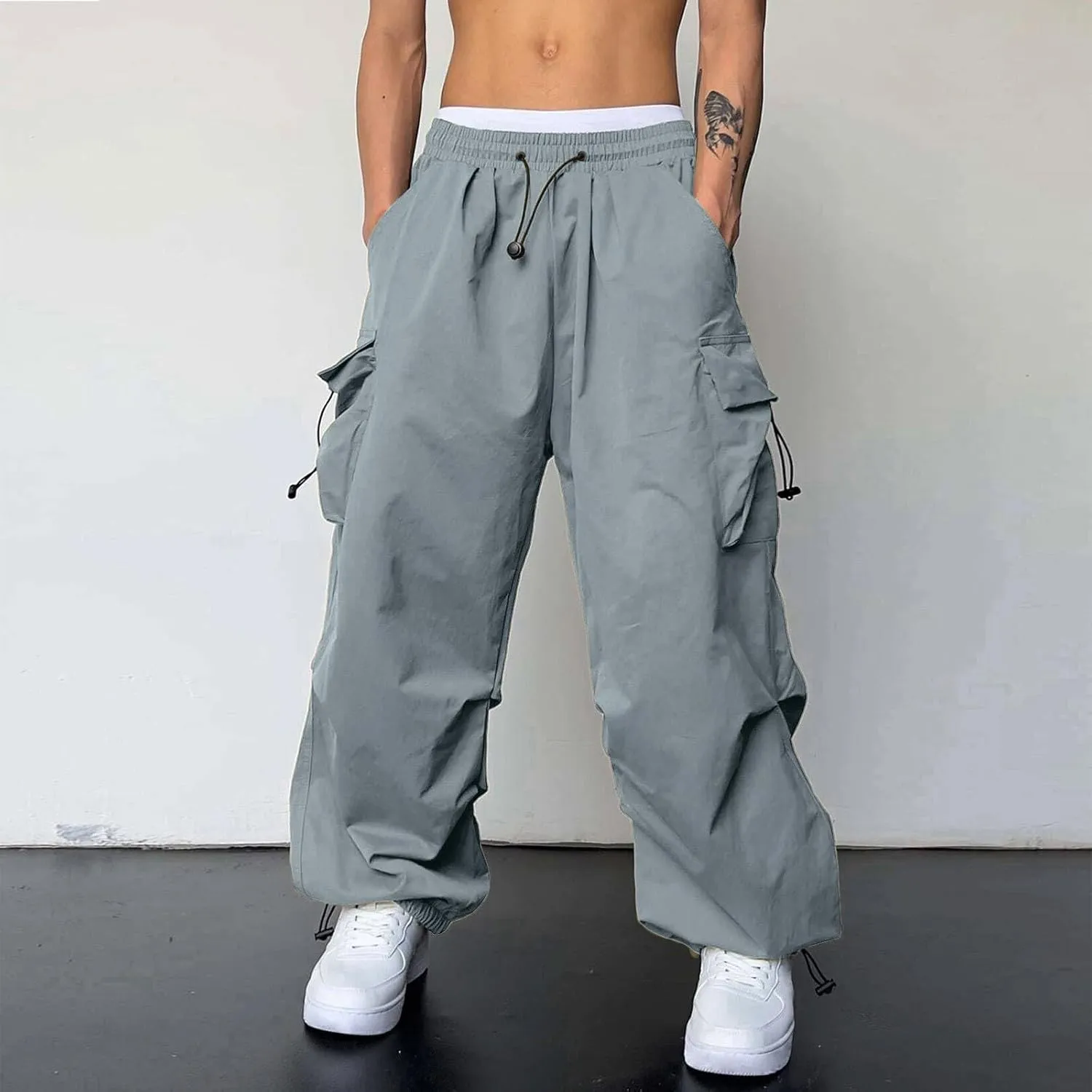 Mens Work Cargo Pant Cotton Stretchy Casual Joggers Drawstring Elastic Waist Outdoor Pants Multi Pockets