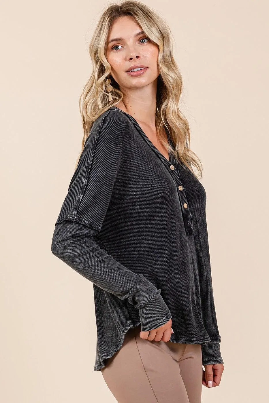 Mittoshop Blouse 100% Cotton Black Washed V-Neck Long Sleeve