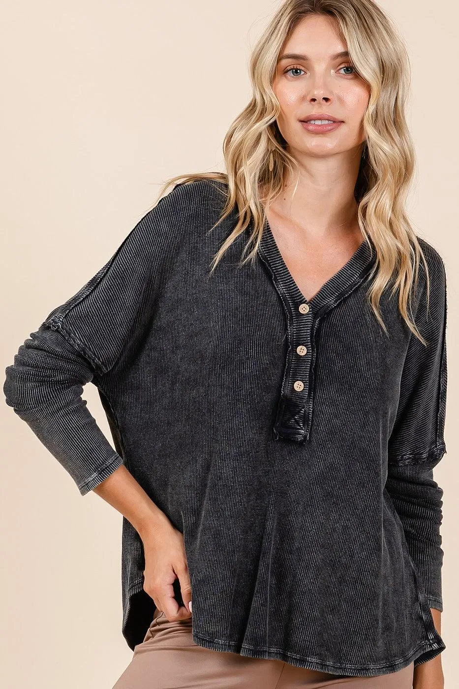 Mittoshop Blouse 100% Cotton Black Washed V-Neck Long Sleeve