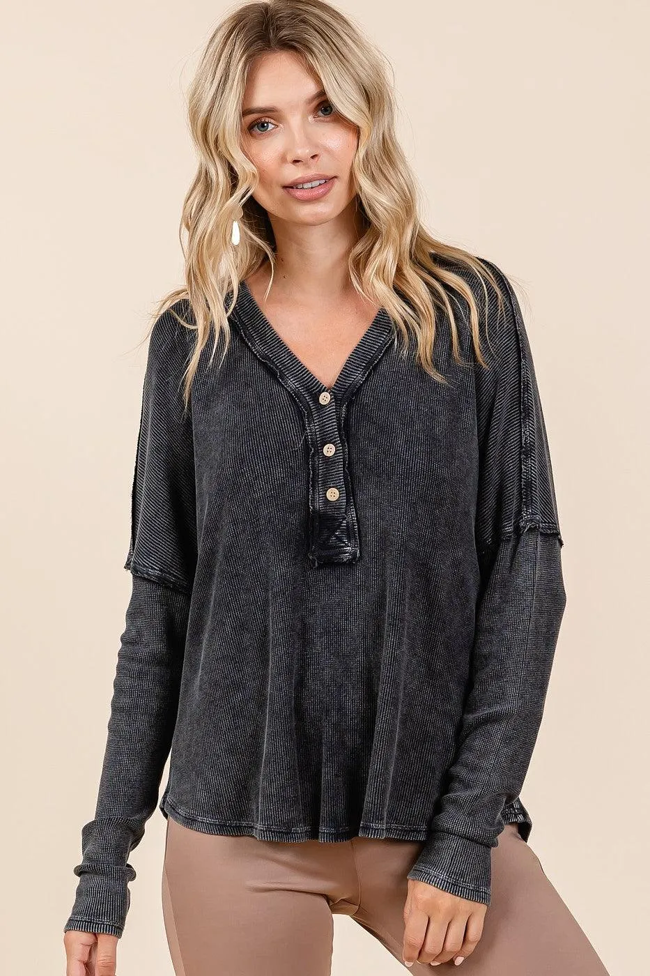 Mittoshop Blouse 100% Cotton Black Washed V-Neck Long Sleeve
