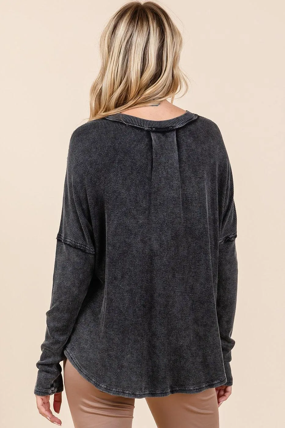 Mittoshop Blouse 100% Cotton Black Washed V-Neck Long Sleeve