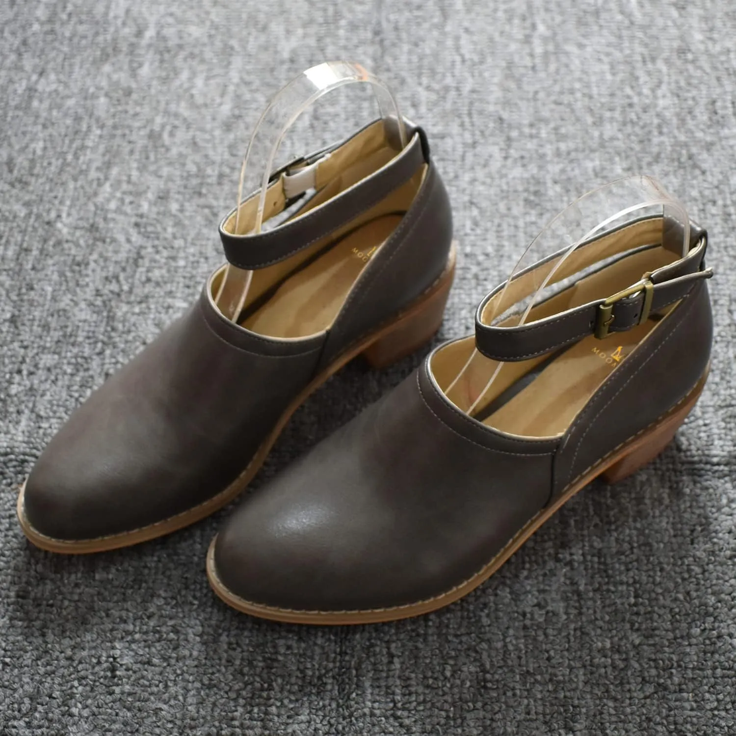 MOOMMO Women Mid Chunky Heel Loafers Almond Toe Stacked Heel Ankle Strap Pumps Gold Buckle 2 Inch Block Heel Western Ankle Booties Vintage Dress Shoes Comfort Office Casual 4-14 M US