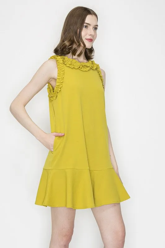 Mustard Ruffled Sleeve Flounce Hem Crewneck Mini Dress