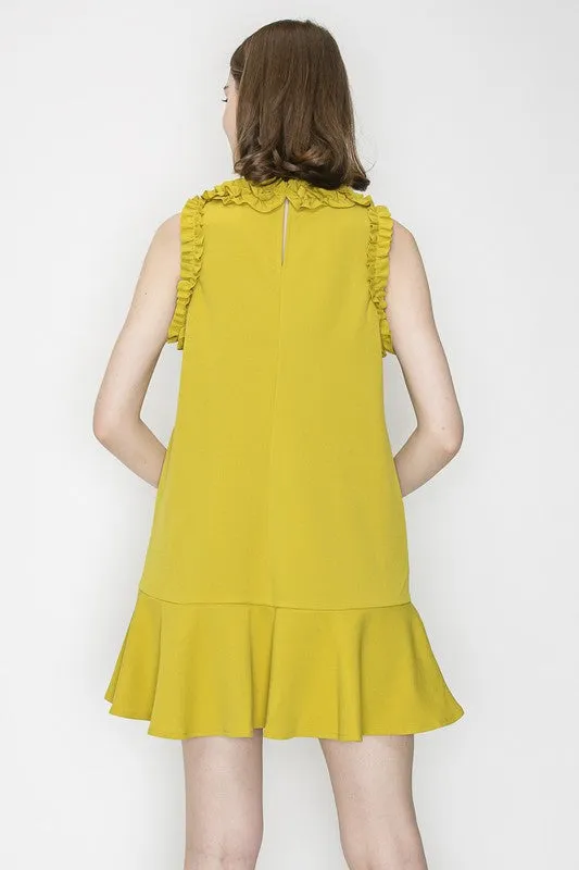 Mustard Ruffled Sleeve Flounce Hem Crewneck Mini Dress