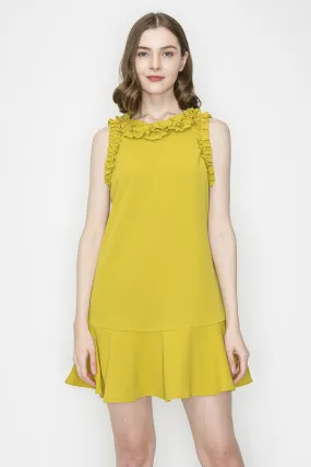 Mustard Ruffled Sleeve Flounce Hem Crewneck Mini Dress
