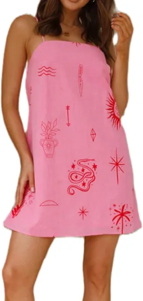 NUFIWI Women Boho Graffiti Cami Mini Dress Spaghetti Strap Printed A Line Short Dress Backless Cut Out Colorful Sundress