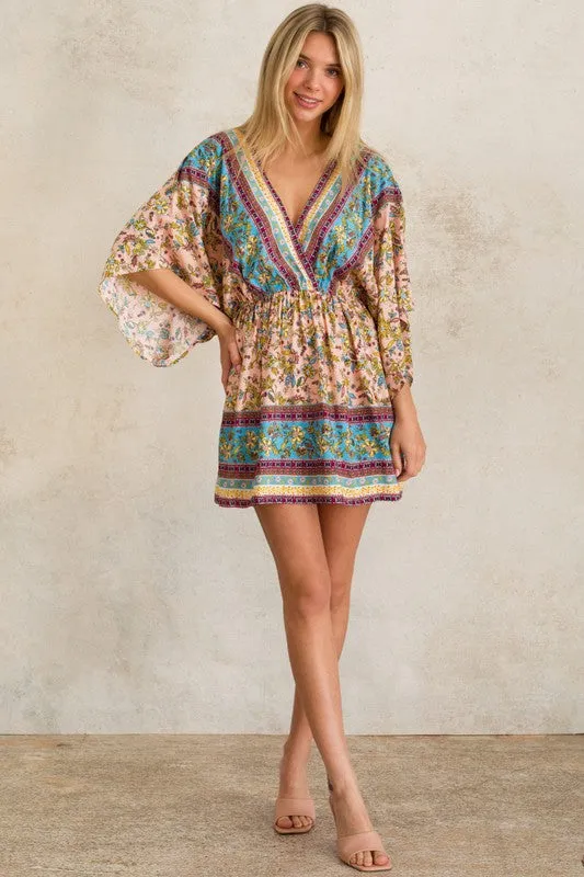 Peach Boho Floral Print Kimono Sleeve Summer Mini Dress