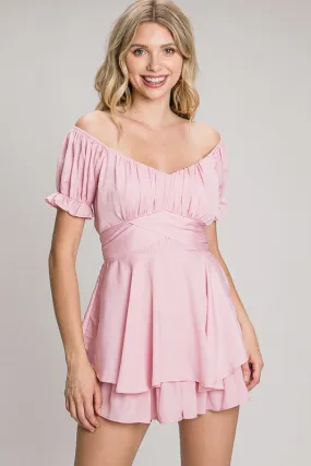 Pink Blush Off-Shoulder Tie Back Romper