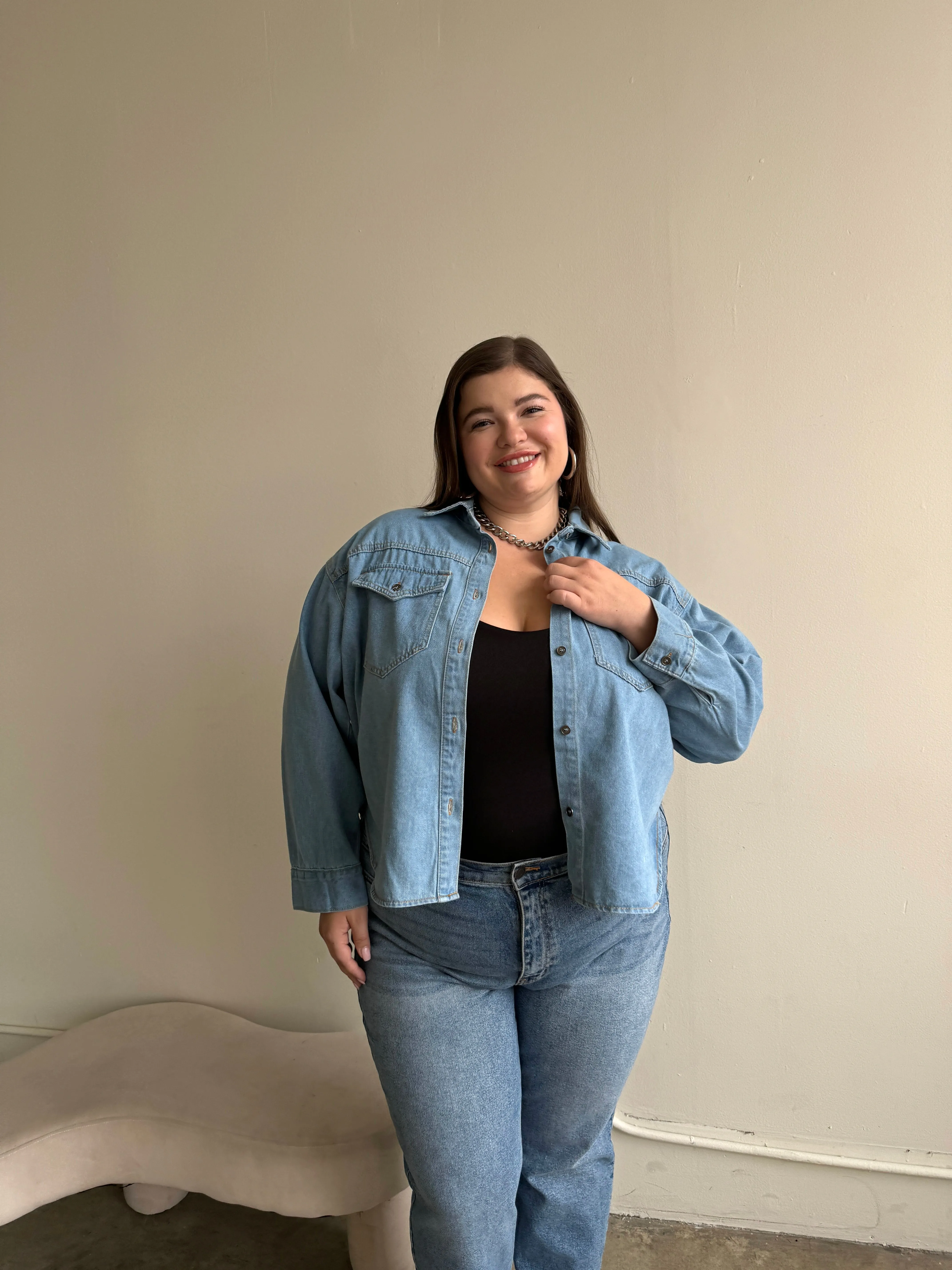Plus Size Oversized Pocket Classic Denim Shirt