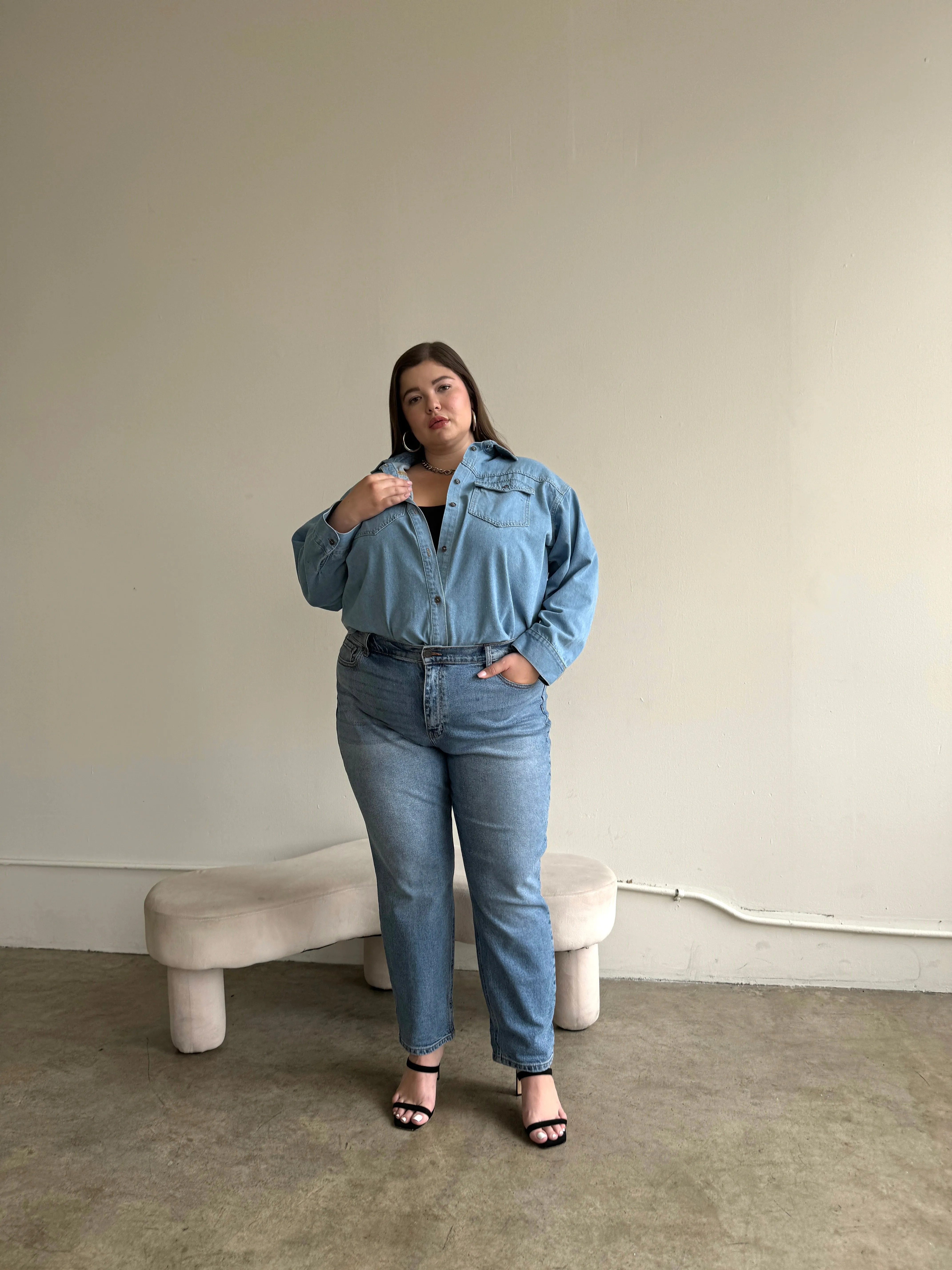 Plus Size Oversized Pocket Classic Denim Shirt