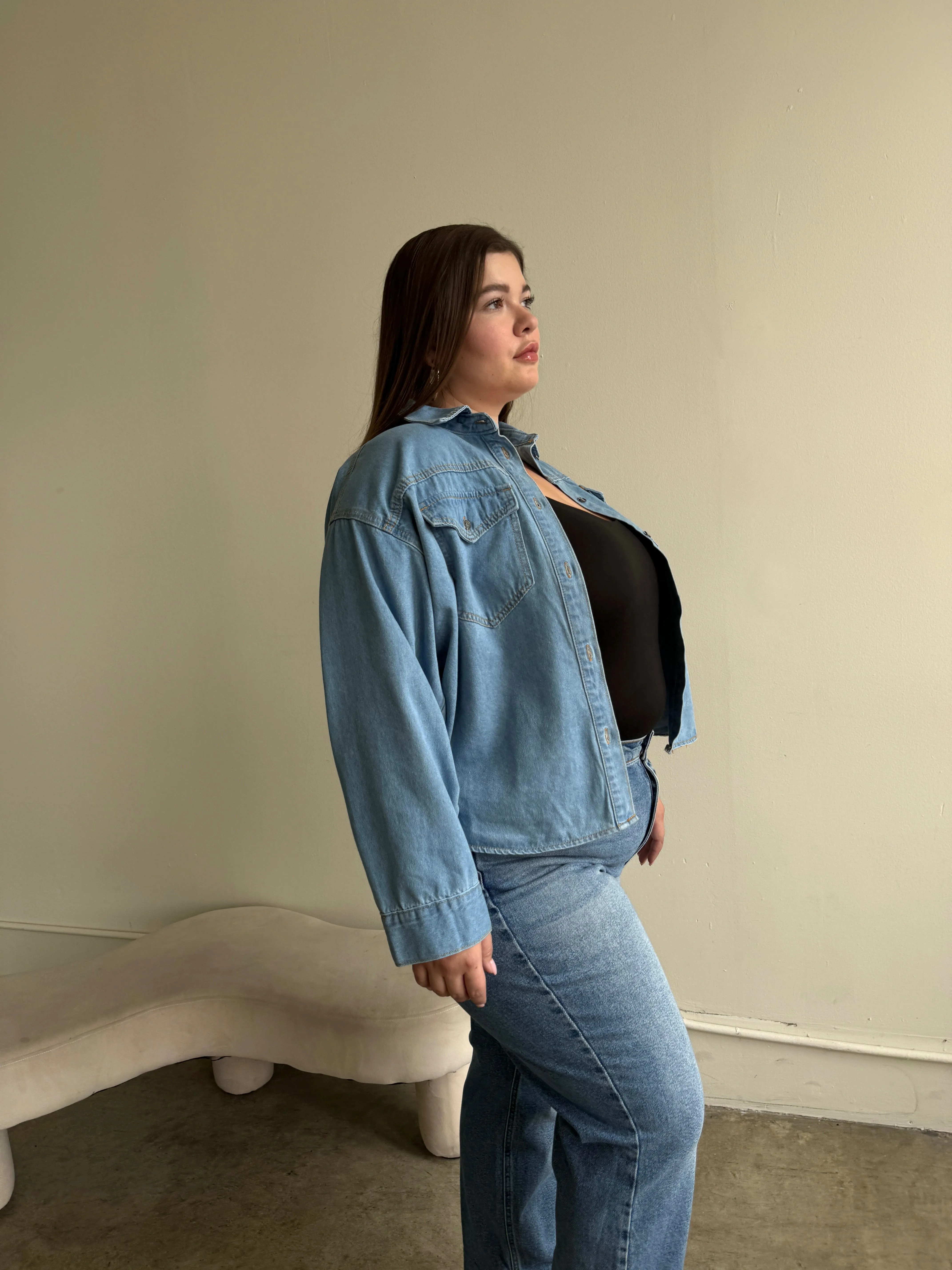 Plus Size Oversized Pocket Classic Denim Shirt
