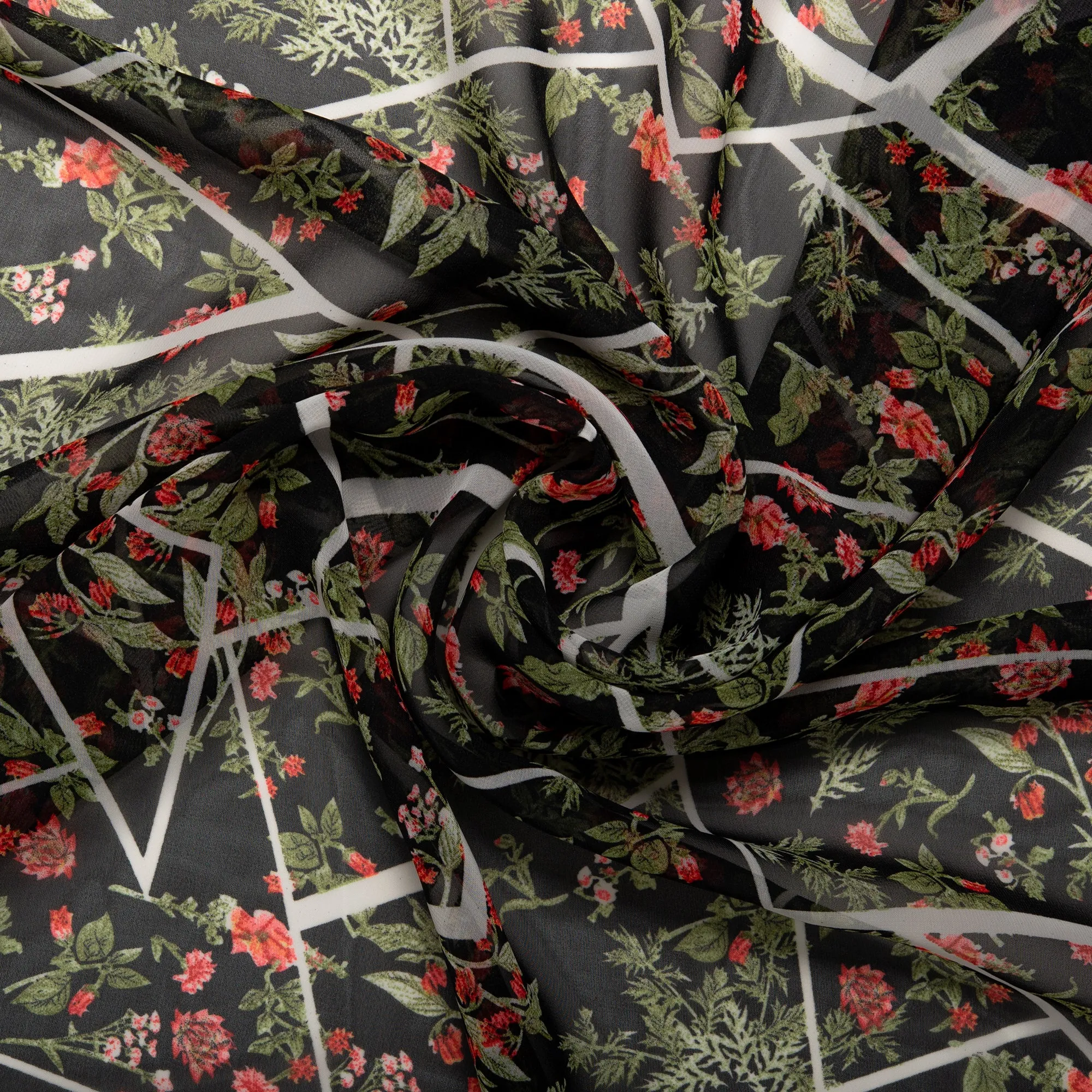 Printed Chiffon - CHANDA - Flowers / Triangle - Black