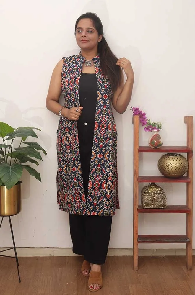 Red And Blue Double Ikat Pure Cotton Reversible Jacket
