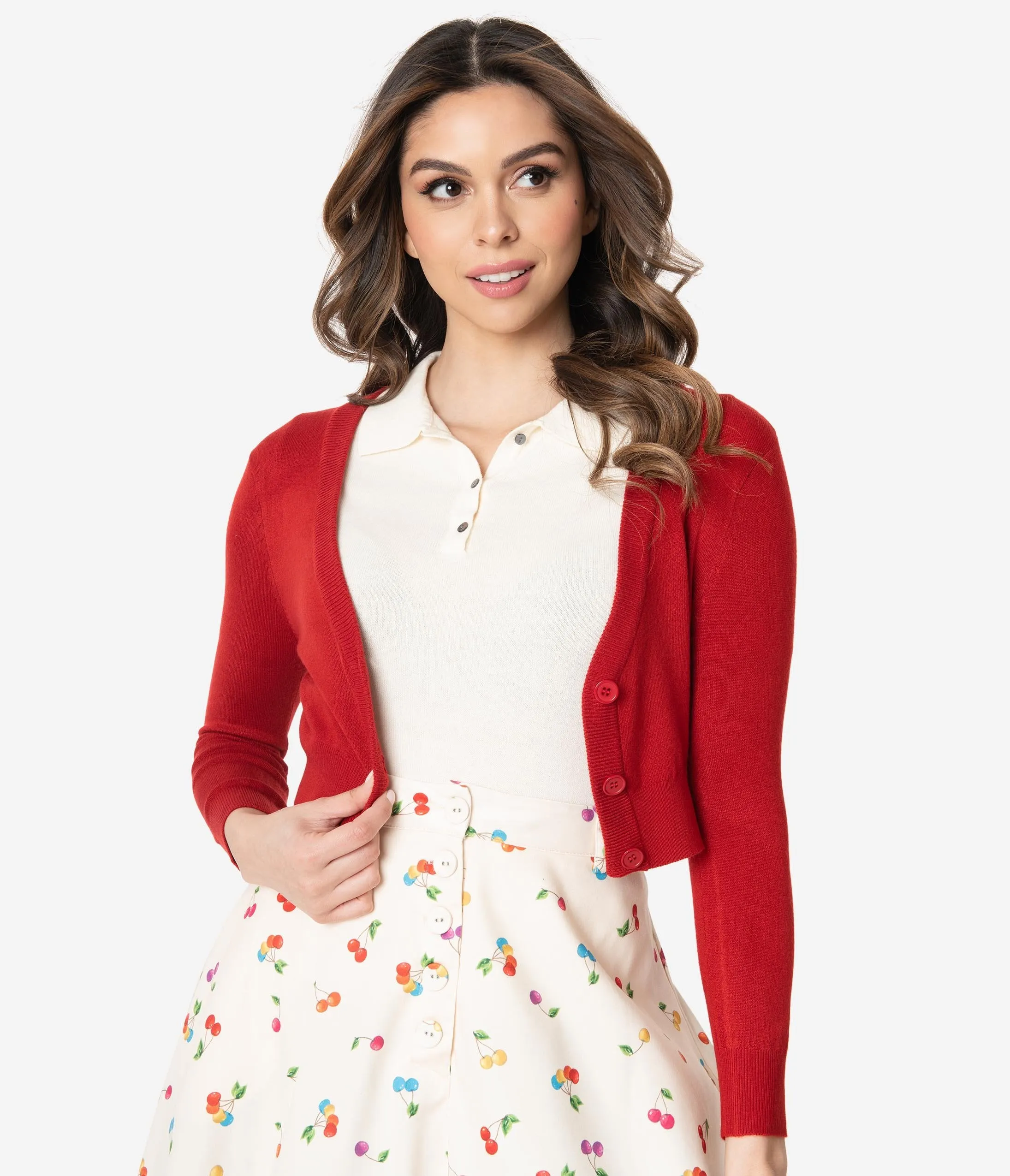 Red Three-Quarter Sleeve Button Up Crop Cardigan