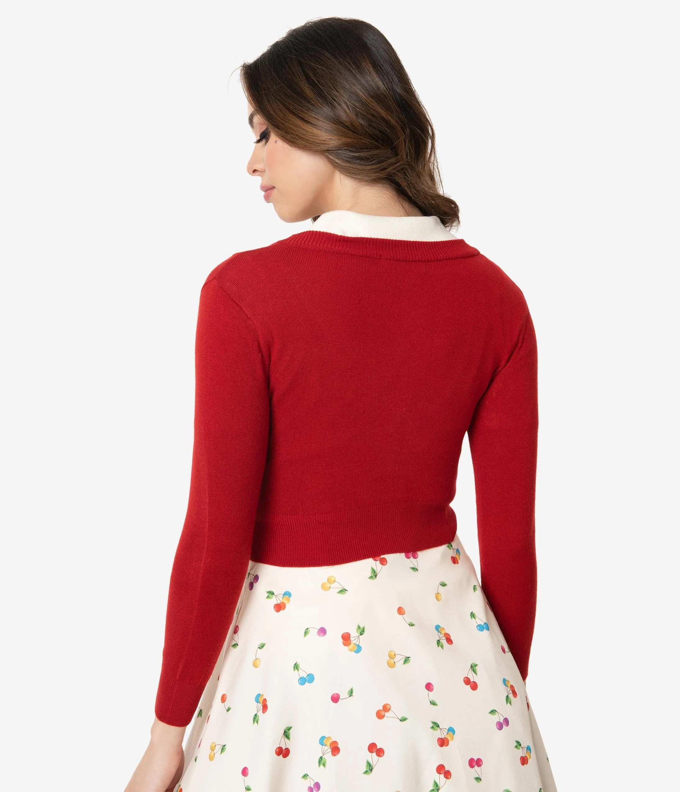 Red Three-Quarter Sleeve Button Up Crop Cardigan