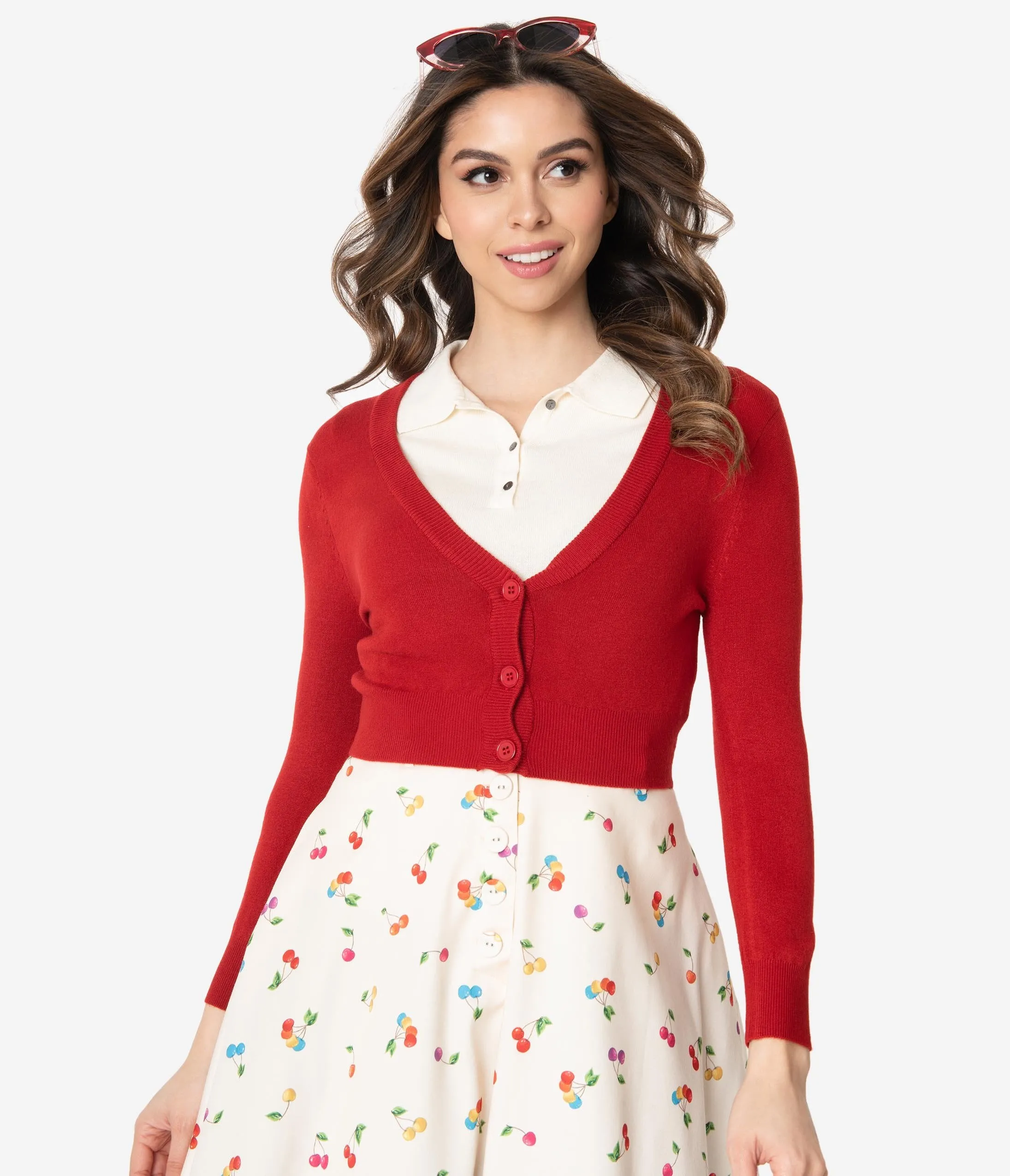 Red Three-Quarter Sleeve Button Up Crop Cardigan
