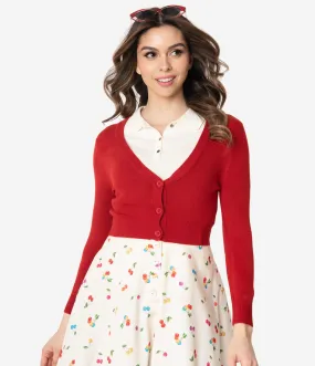 Red Three-Quarter Sleeve Button Up Crop Cardigan