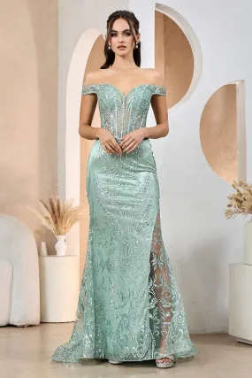 Sage Glitter Print Off Shoulder Mermaid Gown