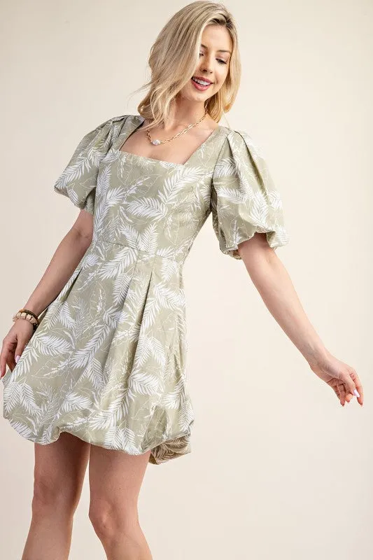 Sage Printed Bubble Hem Short Sleeve Dress